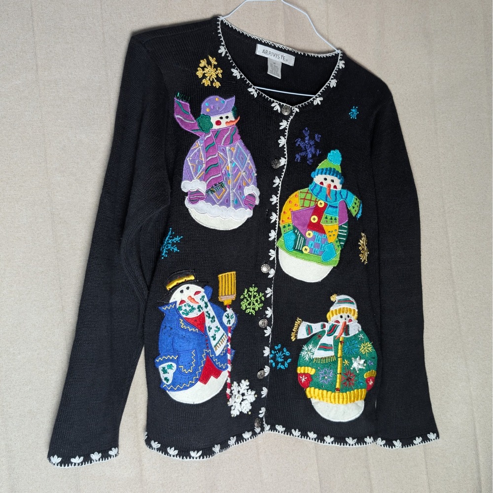 Arriviste Womens Vintage Snowman Christmas Cardigan Sweater Black Embroidered M